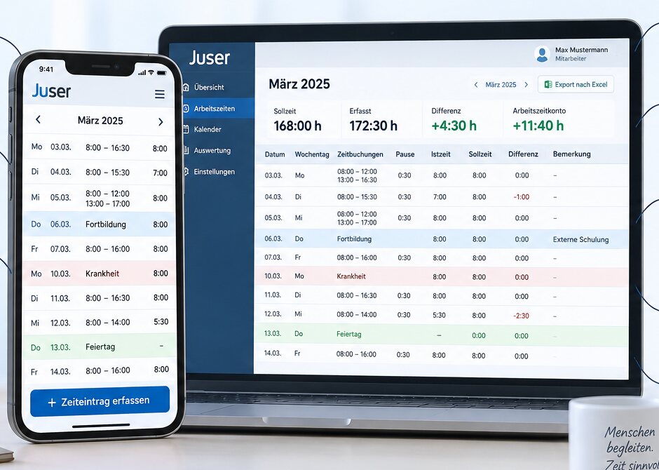 Juser Arbeitszeiterfassung auf Smartphone und Desktop: Monatsübersicht mit Sollzeit, Istzeit, Differenz und Arbeitszeitkonto