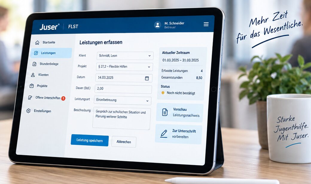 Juser FLST auf dem iPad: Fachleistungsstunden erfassen mit Klient, Projekt, Datum, Dauer und Leistungsart