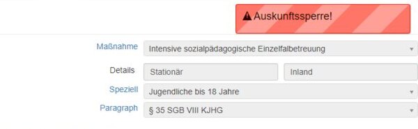 Ausschnitt eines Projekts in Juser: Hinweis Auskunftssperre, Maßnahme Intensive sozialpädagogische Einzelfallbetreuung, Paragraph § 35 SGB VIII