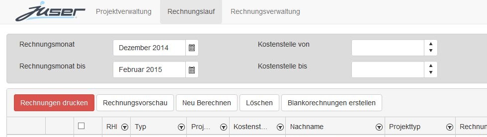 Abrechnung in der Jugendhilfesoftware Juser: Rechnungslauf mit Rechnungsmonat und Kostenstelle, Aktionen Rechnungen drucken, Rechnungsvorschau, Neu Berechnen und Blankorechnungen erstellen