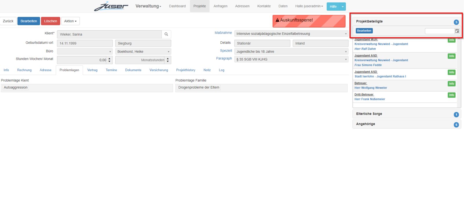 Juser Projektdetail: Maßnahmen und Beteiligte eines Betreuten in der Jugendhilfesoftware