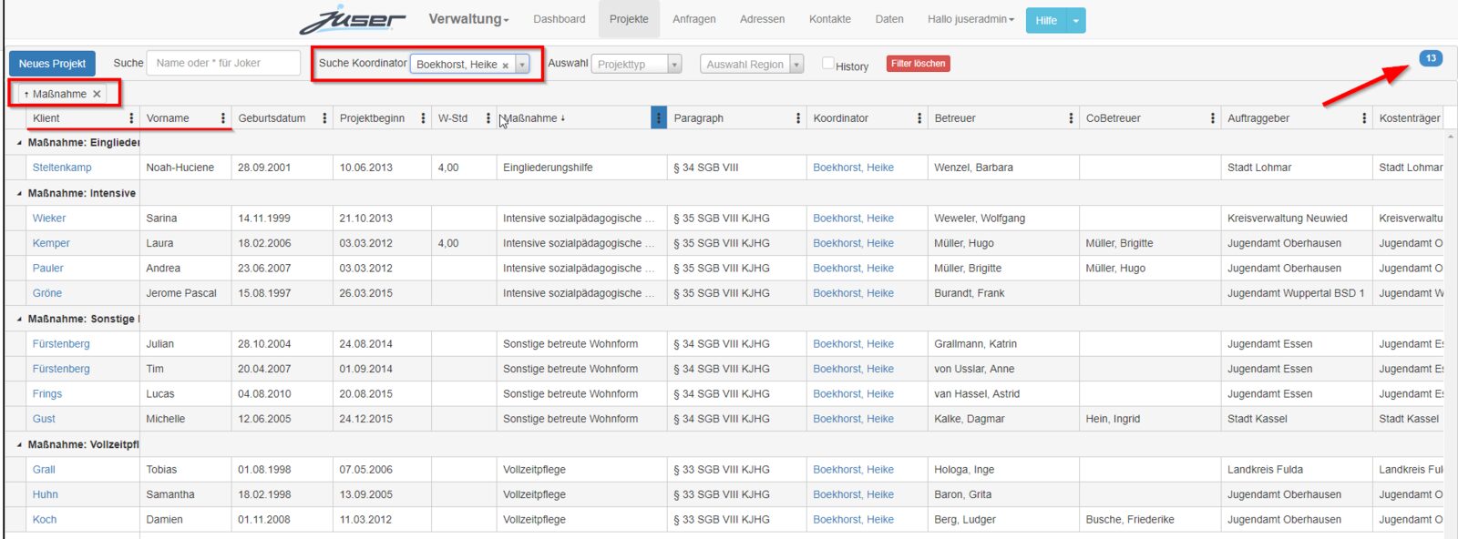 Juser Jugendhilfesoftware: Projektübersicht mit allen Betreuungen, gruppiert und gefiltert