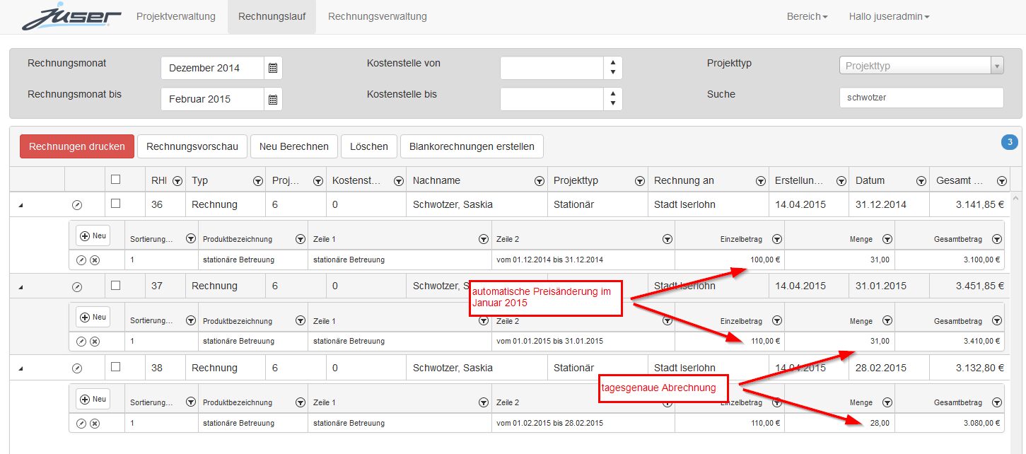 Abrechnung in der Jugendhilfesoftware Juser: automatisch erzeugte Monatsrechnungen