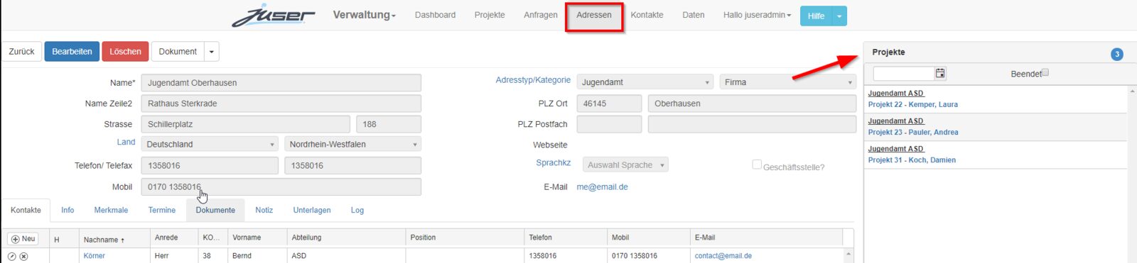 Schriftverkehr in Juser: Adressdatensatz mit zugeordneten Dokumenten